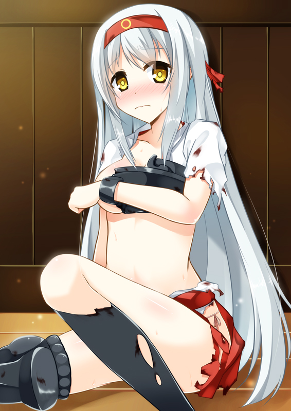 blush breasts covering covering_breasts duplicate hachimaki headband kantai_collection long_hair looking_at_viewer medium_breasts navel panties pink_panties shoukaku_(kantai_collection) side-tie_panties silver_hair sitting skirt solo syuurin torn_clothes underwear very_long_hair wavy_mouth yellow_eyes