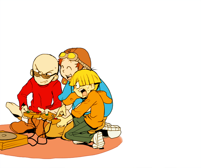 bald blonde_hair boots bowl_cut brown_hair closed_eyes codename:_kids_next_door constricted_pupils controller crossed_legs game_controller goggles goggles_on_head green_eyes hat hogarth_pennywhistle_gilligan_jr. hood hoodie kneeling male_focus motion_lines multiple_boys nigel_uno open_mouth playing_games shorts sitting smile sunglasses sweatdrop t_k_g wallabee_beetles