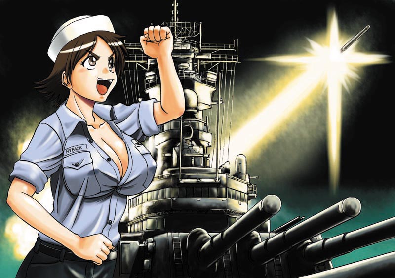 battleship breasts brown_eyes brown_hair cleavage clenched_hands covered_nipples dixie_cup_hat firing fist_pump hat impossible_clothes impossible_shirt large_breasts mc_axis military military_hat military_uniform military_vehicle missile no_bra open_mouth sailor sailor_hat sao_satoru ship shirt short_hair sleeves_rolled_up solo uniform warship watercraft