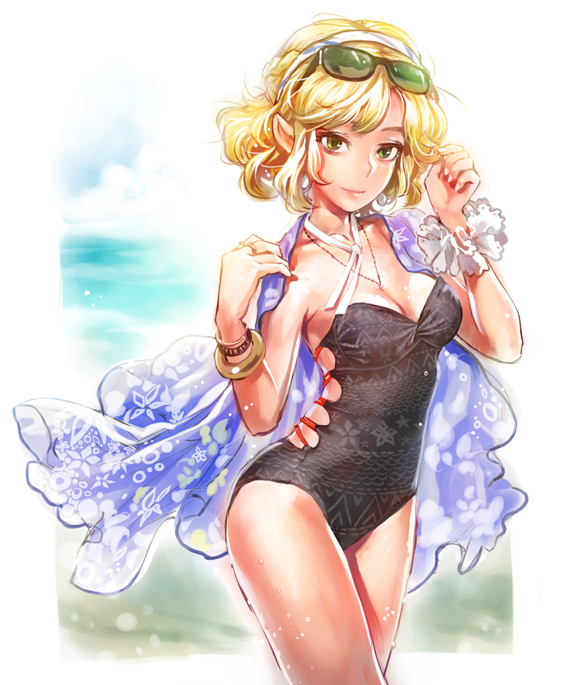 alternate_costume blonde_hair blush bracelet breasts casual_one-piece_swimsuit cleavage eyewear_on_head green_eyes jewelry lips looking_at_viewer matsuda_(matsukichi) medium_breasts mizuhashi_parsee necklace one-piece_swimsuit pointy_ears print_swimsuit short_hair smile solo sunglasses swimsuit touhou