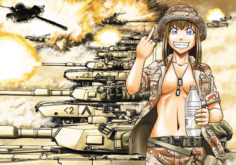 america battle belt blue_eyes boonie_hat bottle breasts breasts_apart brown_hair dog_tags explosion grin ground_vehicle jacket large_breasts long_hair m1_abrams main_battle_tank mc_axis middle_finger military military_uniform military_vehicle motor_vehicle navel no_bra open_clothes open_jacket sao_satoru sleeves_rolled_up smile solo t-72 tank uniform war water_bottle