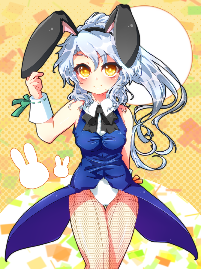 alternate_costume animal_ears bunny_ears bunny_girl bunnysuit fishnet_pantyhose fishnets kamome long_hair looking_at_viewer mononobe_no_futo pantyhose silver_hair smile solo touhou wrist_cuffs yellow_eyes