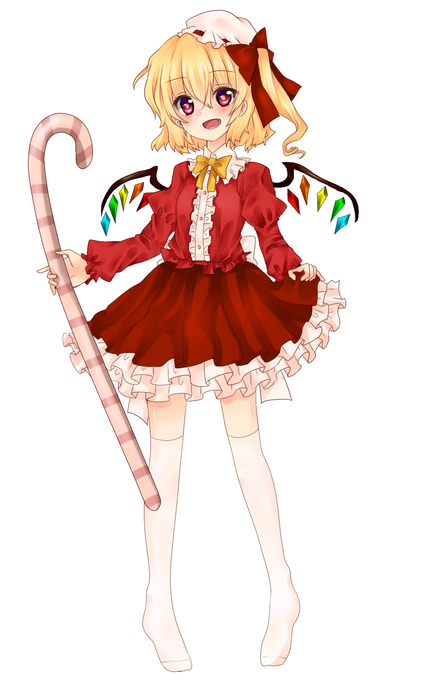 :d bad_id bad_pixiv_id blonde_hair blouse bow bowtie candy candy_cane dress fang flandre_scarlet food frilled_dress frilled_skirt frills grey_background hair_bow hair_ribbon hat highres koyashaka long_sleeves mob_cap no_shoes open_mouth over-kneehighs red_eyes red_skirt ribbon side_ponytail skirt skirt_set smile solo thighhighs touhou transparent_background white_legwear wings