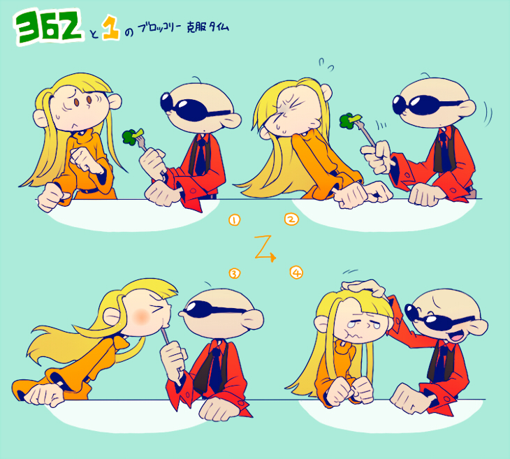 &gt;_&lt; 1girl :t bald bangs blonde_hair blue_background blunt_bangs broccoli brown_eyes character_name clenched_hands closed_eyes codename:_kids_next_door comic directional_arrow eating feeding flying_sweatdrops fork hand_on_head long_hair looking_at_another necktie nigel_uno open_mouth petting rachel_t_mckenzie silent_comic smile sunglasses sweater t_k_g tears teenage translation_request vest wavy_mouth