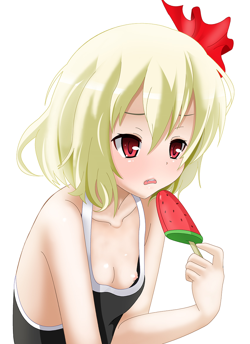 bare_shoulders blonde_hair collarbone fang flat_chest food hair_ribbon hifumi_kei holding nipple_slip nipples popsicle red_eyes ribbon rumia short_hair simple_background solo tank_top touhou upper_body watermelon_bar white_background