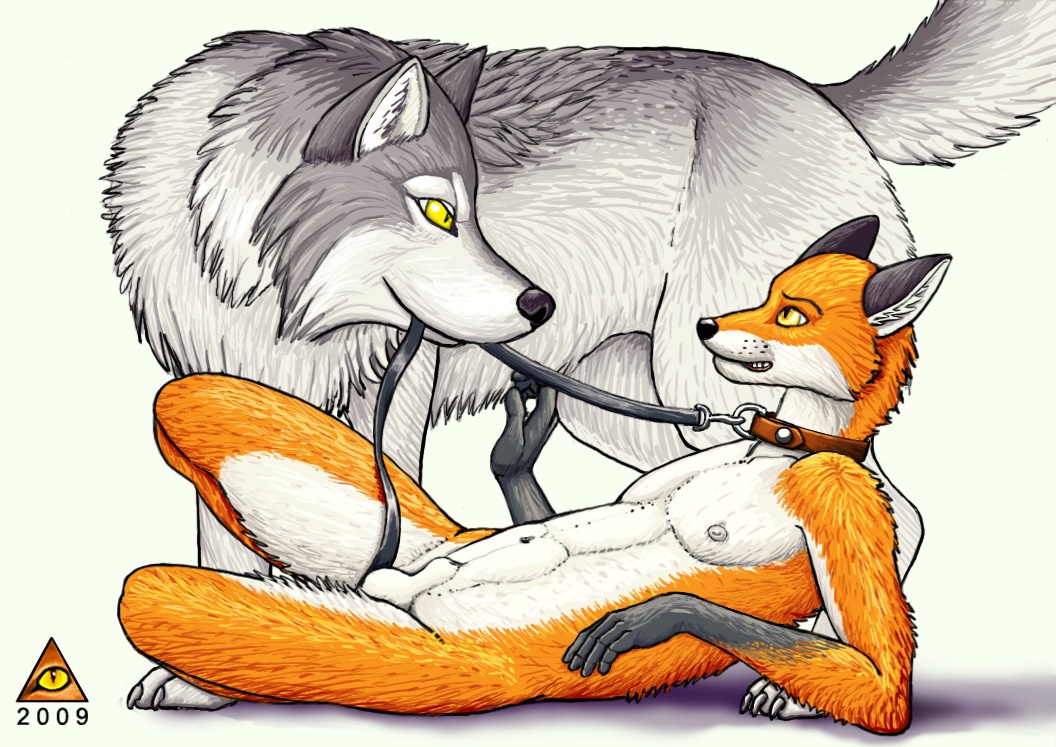ambiguous_gender anthro anthro_on_feral balls bestiality black_nose canine claws collar female feral fox fur gloves_(marking) interspecies leash male mammal markings nipples nude penis pet_play plain_background rape_face role_reversal sheath size_difference smile teeth toe_claws ultrafox white_background wolf yellow_eyes