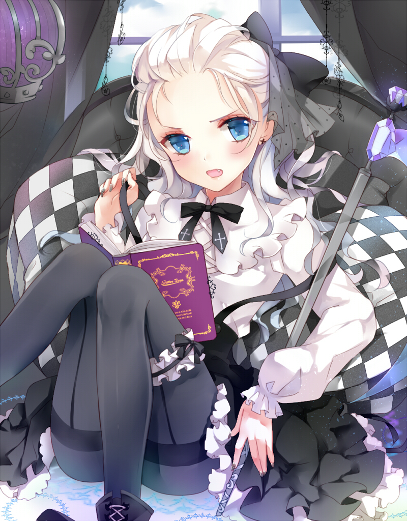 bad_id bad_pixiv_id black_legwear blue_eyes book bow cross-laced_footwear curtains earrings fang forehead hair_bow jewelry leg_garter long_sleeves looking_at_viewer open_mouth original pantyhose pillow shirt silver_hair skirt solo staff suspenders suspenders_pull thighband_pantyhose tukino_(panna) window