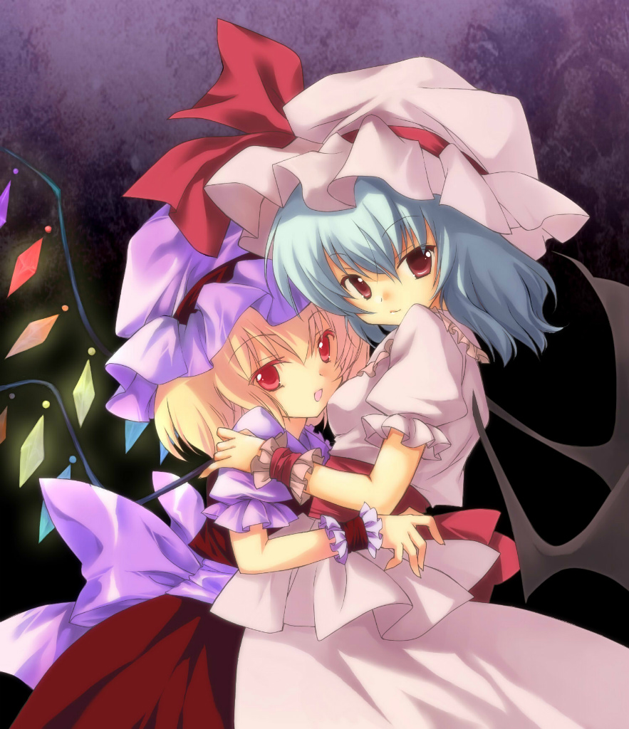 :d blonde_hair blue_hair flandre_scarlet hand_on_another's_shoulder hat hat_ribbon hug multiple_girls open_mouth puffy_short_sleeves puffy_sleeves red_eyes remilia_scarlet ribbon short_hair short_sleeves siblings sisters smile touhou wings wrist_cuffs yutamitan