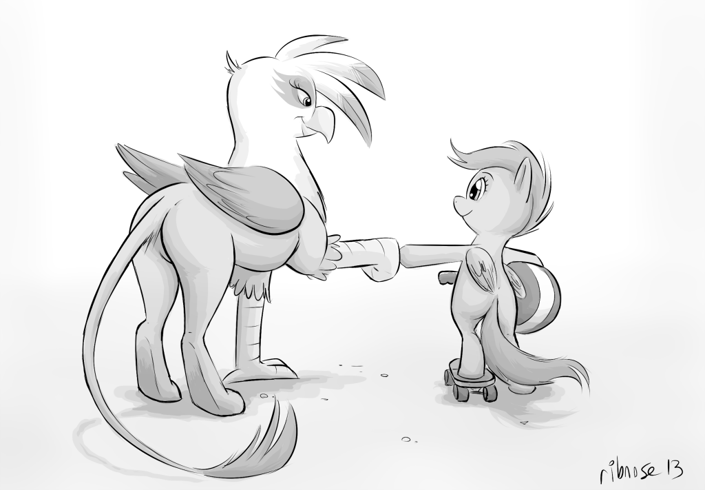 avian cub duo equine female feral friendship_is_magic gilda_(mlp) greyscale gryphon helmet horse mammal monochrome my_little_pony pegasus plain_background pony ribnose scootaloo_(mlp) scooter white_background wings young