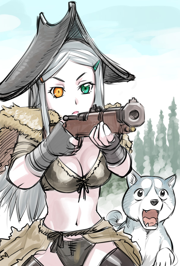 antique_firearm dog firearm foreshortening green_eyes gun hair_ornament hairclip hat heterochromia long_hair midriff navel original silver_hair sketch thighhighs ueyama_michirou weapon yellow_eyes