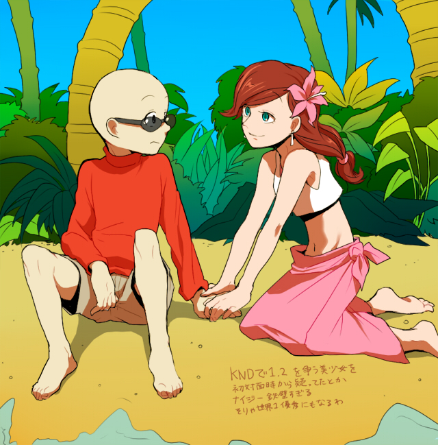 1girl bald barefoot beach codename:_kids_next_door earrings eye_contact flower hair_flower hair_ornament hand_grab jewelry katie_(knd) kneeling looking_at_another navel nigel_uno palm_tree ponytail sarong shorts smile sunglasses t_k_g translation_request tree water