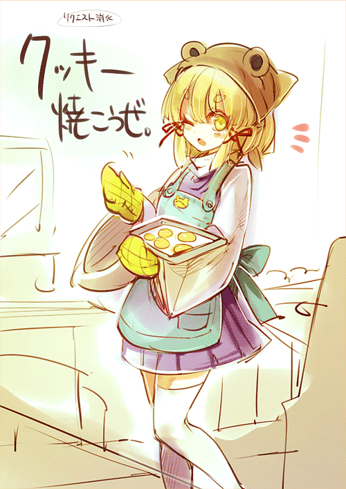 apron bad_id bad_twitter_id blonde_hair cis_(carcharias) cooking moriya_suwako one_eye_closed oven_mitts solo thighhighs touhou yellow_eyes zettai_ryouiki