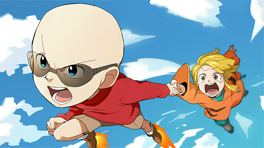 1girl bald blonde_hair blue_eyes boots brown_eyes clenched_hand cloud codename:_kids_next_door day drawstring flying holding_hands nigel_uno open_mouth rachel_t_mckenzie rocket_boots rocket_shoes shorts sky t_k_g tears