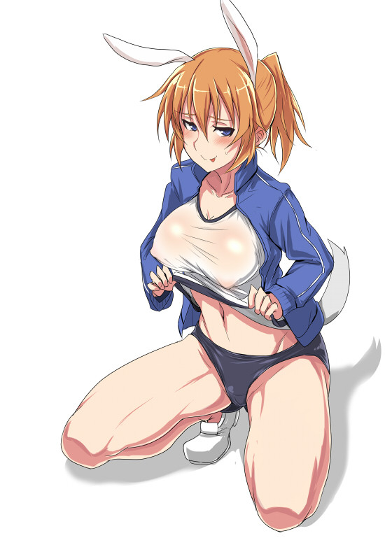 animal_ears blue_eyes blush breasts bunny_ears charlotte_e_yeager covered_nipples jacket large_breasts long_hair naughty_face navel orange_hair ponytail solo sportswear strike_witches tail toned track_jacket ulrich_(tagaragakuin) world_witches_series