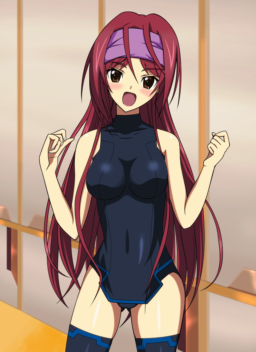 1girl artist_request bare_shoulders blush breasts brown_eyes egichan female gotanda_ran headband infinite_stratos long_hair looking_at_viewer open_mouth red_eyes red_hair solo standing swimsuit thighhighs very_long_hair