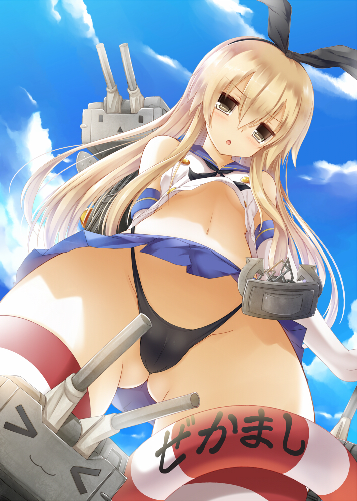 &gt;_&lt; :3 anchor black_panties blonde_hair blush brown_eyes cameltoe closed_eyes cloud crop_top crop_top_overhang day elbow_gloves from_below gloves hair_ornament hairband innertube kantai_collection long_hair looking_at_viewer navel open_mouth panties rensouhou-chan shimakaze_(kantai_collection) skirt sky solo striped striped_legwear syroh thighhighs underwear upshirt upskirt white_gloves