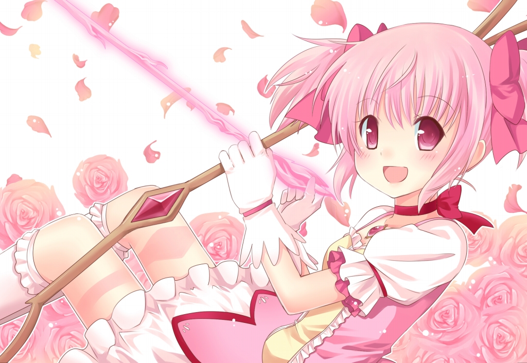 :d arrow bad_id bad_pixiv_id blush bobby_socks bow bow_(weapon) choker flower gloves hair_bow kaname_madoka kapuchii kneehighs looking_at_viewer magical_girl mahou_shoujo_madoka_magica open_mouth petals pink_eyes pink_hair rose short_hair smile socks solo twintails weapon white_gloves white_legwear