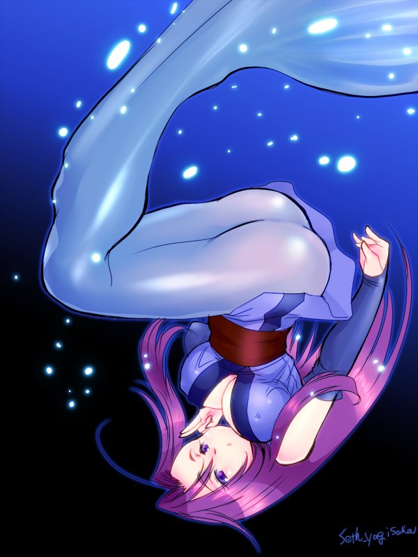 detached_sleeves long_hair mermaid monster_girl original purple_eyes purple_hair solo underwater upside-down yagisaka_seto