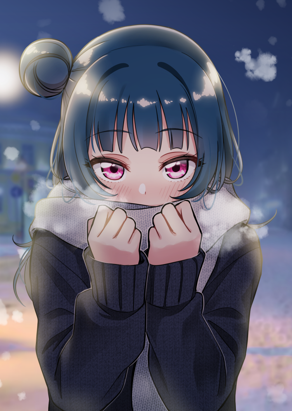 1girl bangs black_sweater blue_hair blurry blurry_background blush breath clenched_hands covering_mouth deadnooodles grey_scarf hands_up highres long_hair long_sleeves looking_at_viewer love_live! love_live!_sunshine!! night outdoors purple_eyes scarf side_bun solo sweater tsushima_yoshiko upper_body winter winter_clothes