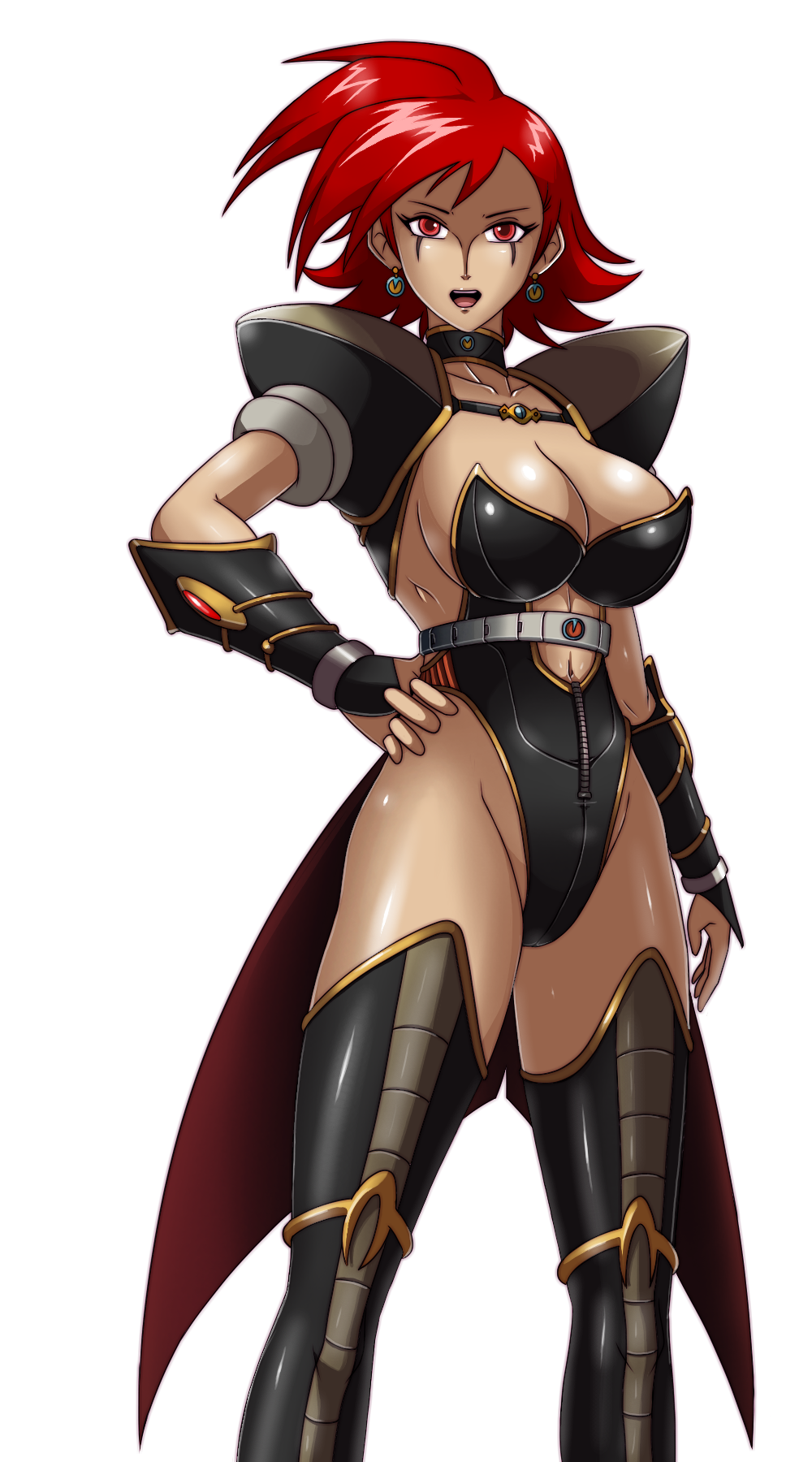 1girl armor breasts cleavage collarbone deadmoon_(kein2002) earrings fingerless_gloves gloves jewelry large_breasts legs legwear lipstick makeup red_eyes red_hair shiny short_hair solo white_background