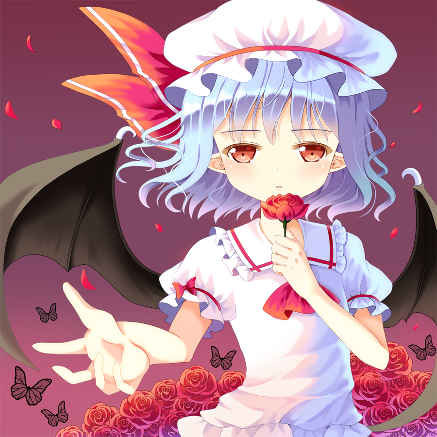 ascot bad_hands bat_wings blue_hair blush bow bug butterfly flower hat hat_ribbon hazakura_satsuki insect looking_at_viewer mob_cap petals pointy_ears puffy_sleeves red_eyes red_flower red_rose remilia_scarlet ribbon rose rose_petals short_hair short_sleeves solo touhou wavy_hair wings