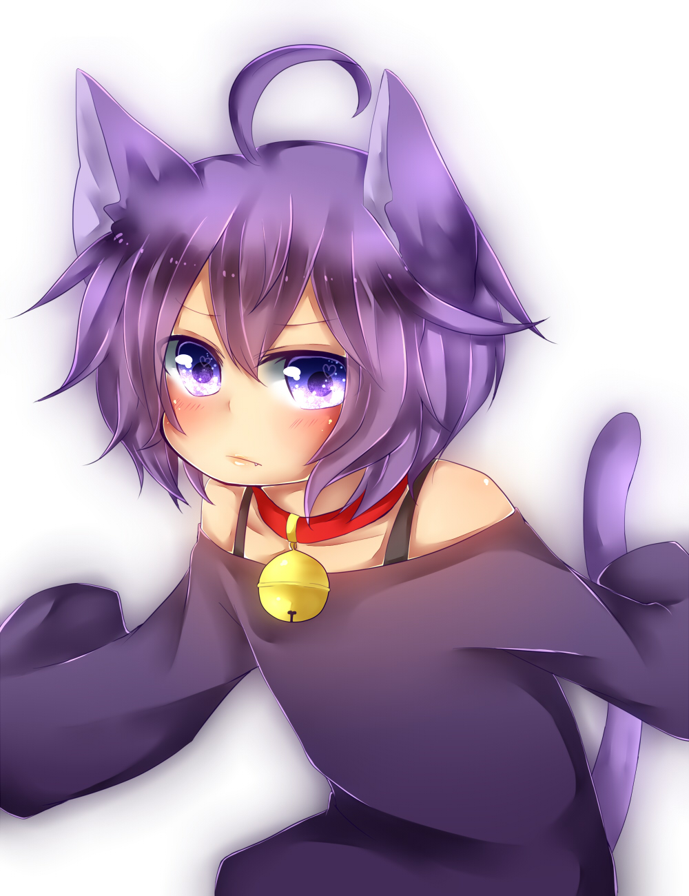 1boy ahoge androgynous animal_ears bad_id bad_pixiv_id bare_shoulders bell bell_collar blush cat_ears catboy collar fang heart highres looking_at_viewer male_focus original otoko_no_ko oversized_clothes oversized_shirt purple_eyes purple_hair shirt sleeves_past_fingers sleeves_past_wrists solo tail