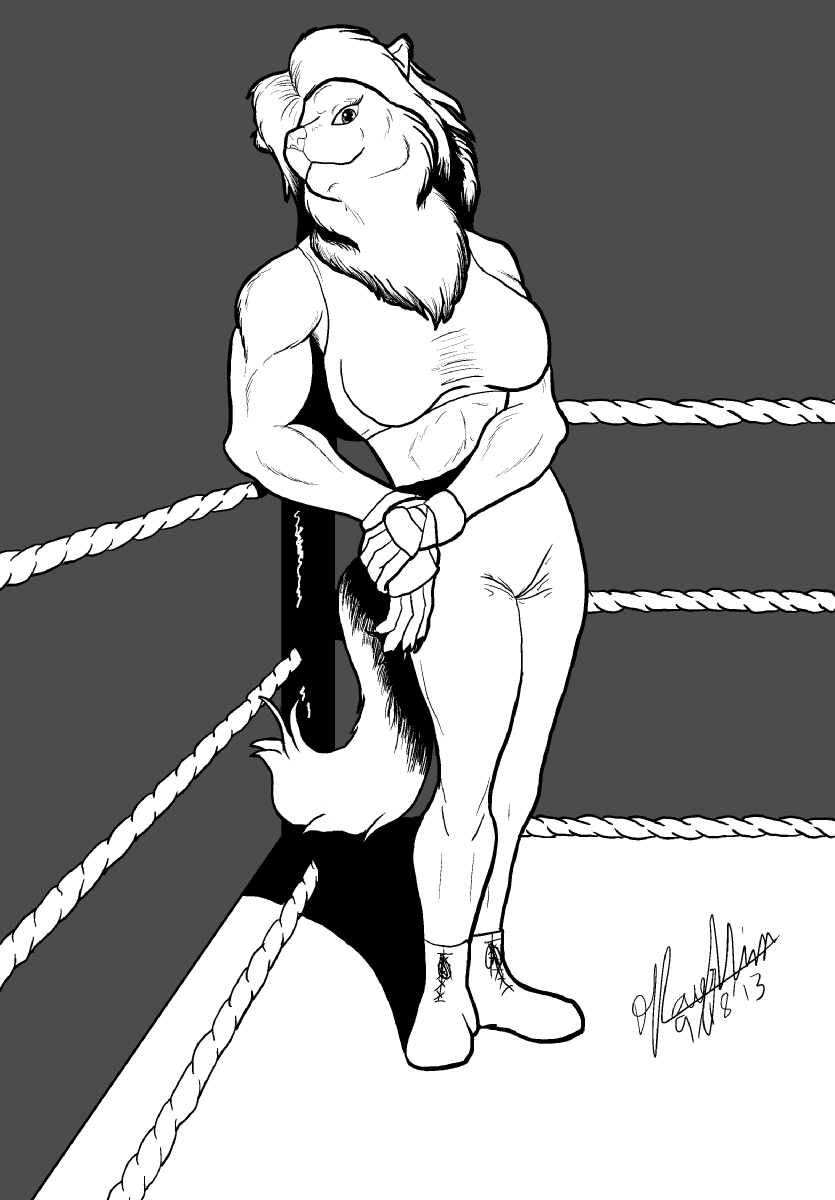 anthro big_breasts black_and_white boxing breasts canine crop_top female fur greyscale hair lacing leaning legwear line_art lonewolf_(343) long_hair looking_at_viewer luka_cross mammal midriff monochrome muscles muscular_female pose ring solo standing taped_fists tights wolf wraps wresting wrestling