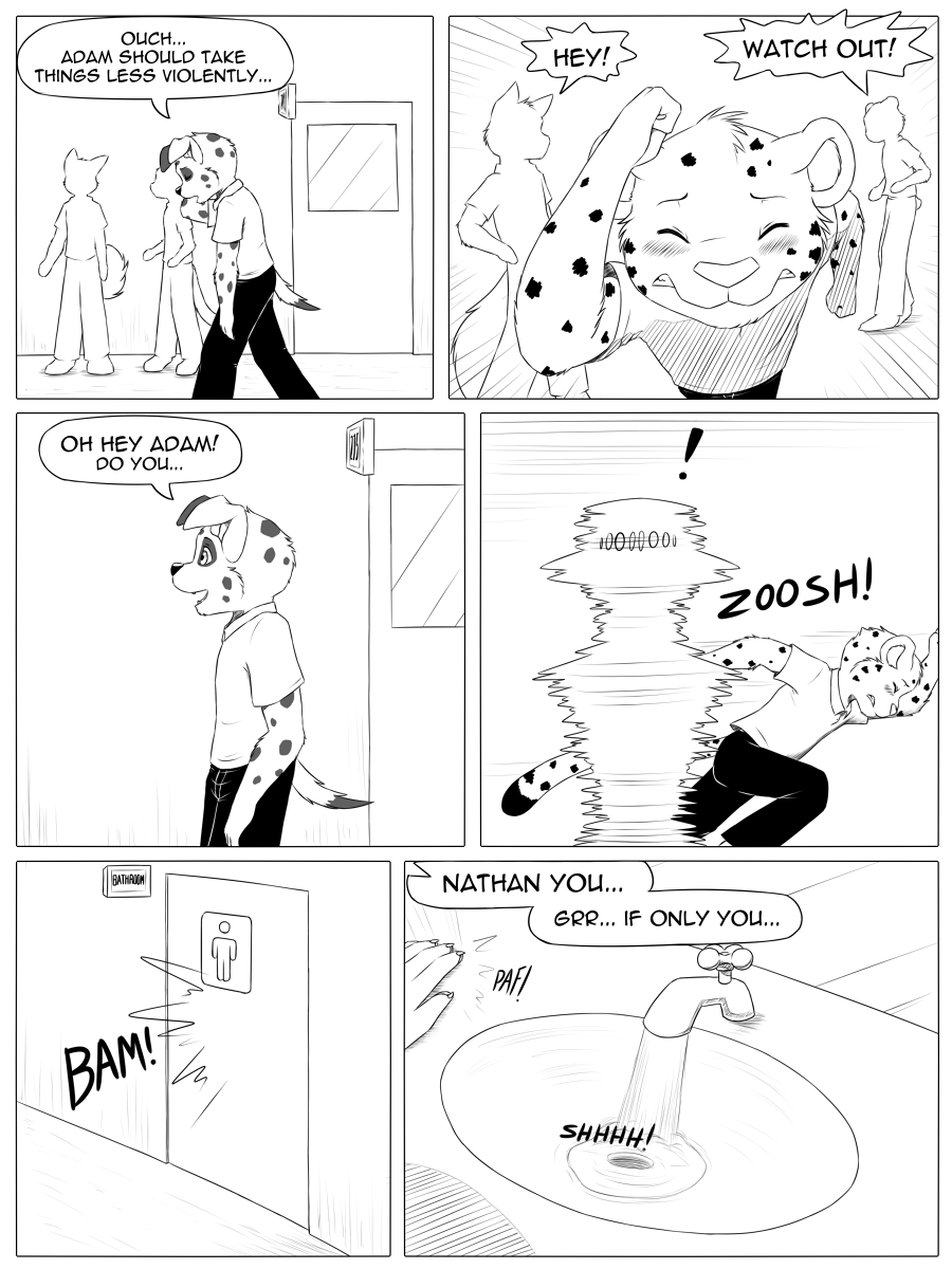 anthro bathroom black_and_white canine clothed clothing comic dalmatian dog english_text faucet feline fur greyscale leopard male mammal monochrome sad shouting text vincent_(character) wagnermutt