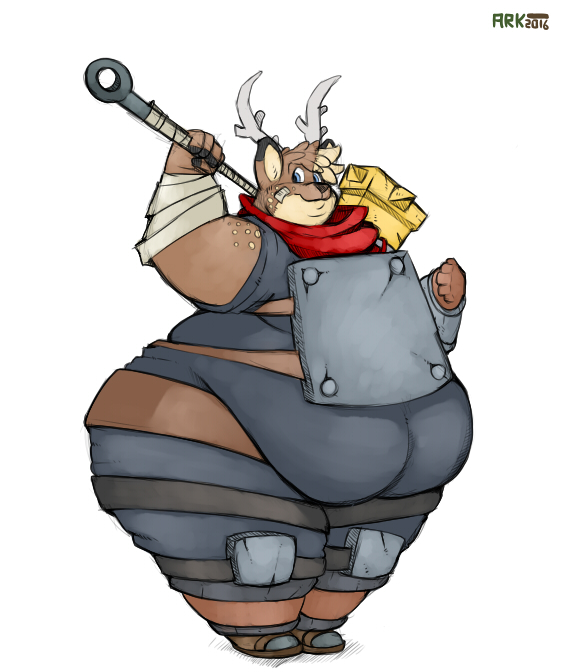 anthro antlers arkveveen_(artist) armor bastion_(game) belly belly_overhang belt big_belly brown_fur cervine chubby_cheeks clothed clothing cosplay double_chin fur hammer holding_object holding_weapon horn male mammal obese obese_male overweight overweight_male scarf simple_background solo standing tan_fur thick_thighs tools warhammer weapon white_background wide_hips wraps wrist_wraps