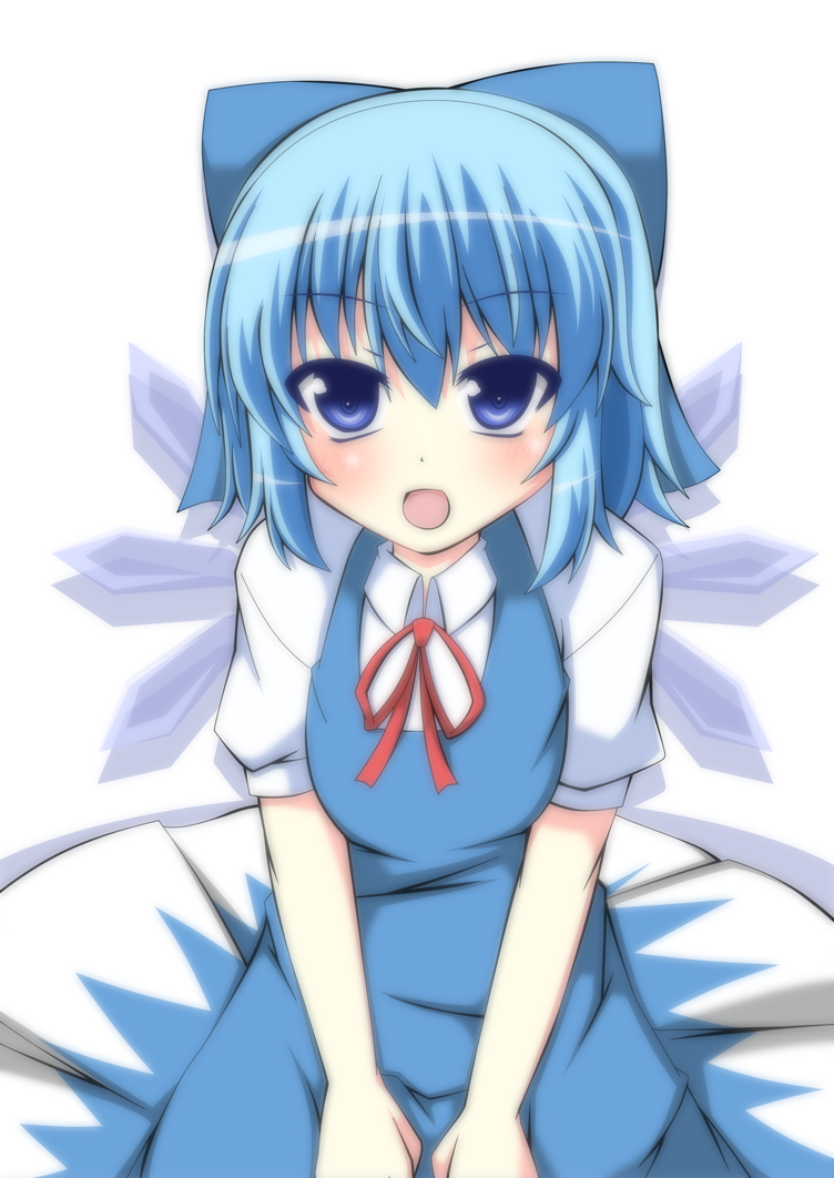 blue_dress blue_eyes blue_hair blush bow cirno dress hair_bow ice ice_wings looking_at_viewer masiromu open_mouth puffy_sleeves shirt short_sleeves sitting smile solo touhou v_arms wings