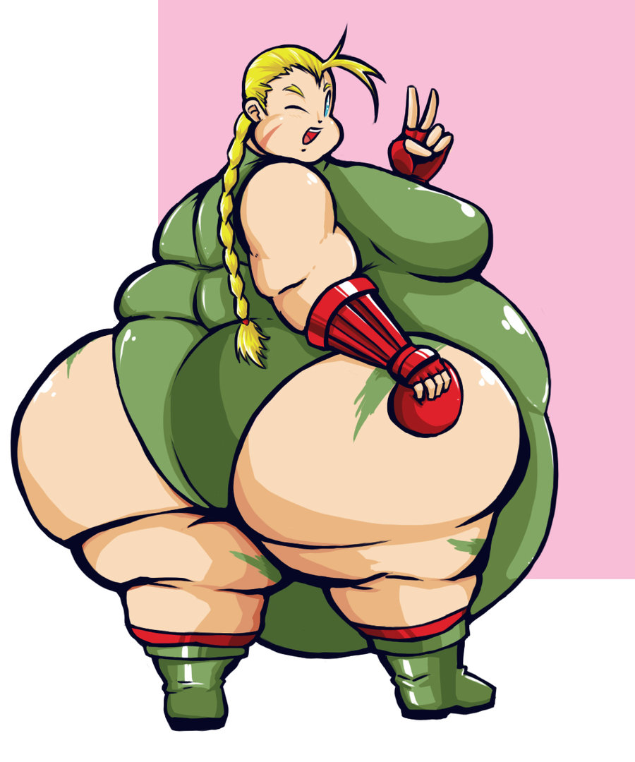 ass beret blonde_hair blue_eyes boots breasts cammy_white capcom fat fingerless_gloves happy huge_ass large_breasts legs looking_at_viewer ponytails scar simple_background smile street_fighter thong unitard weight_gain wide_hips wink