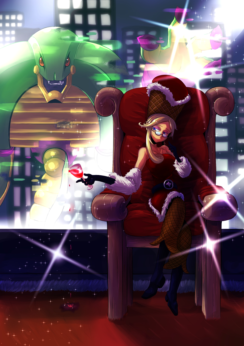 blue_eyes boots chair cup drinking_glass glasses gloves grey_hair kitsukine_tanu ms._millions rockman rockman_exe sitting snakeman.exe wine_glass