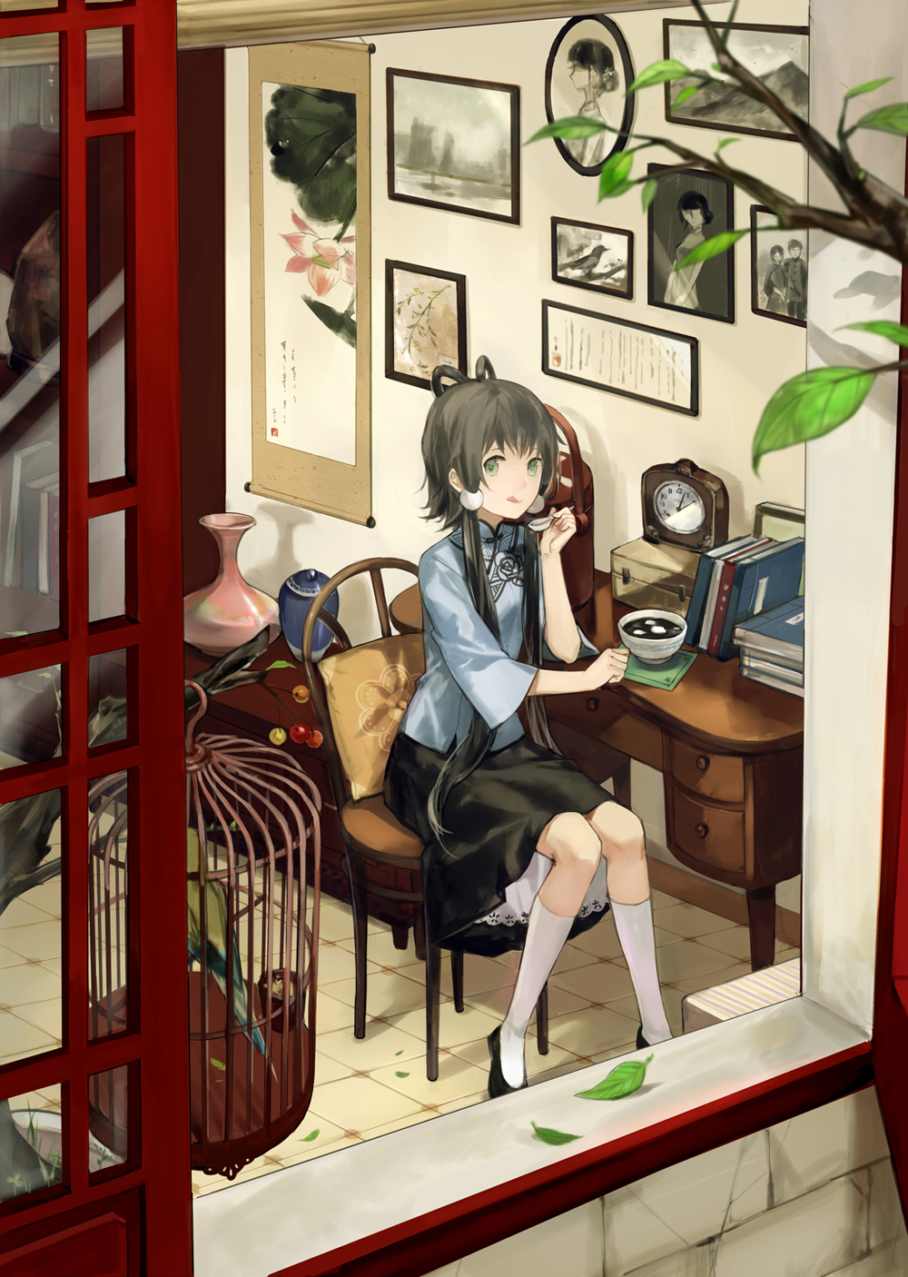 :p album_cover bird birdcage black_hair book bowl cage chair chinese_clothes clock cotta cover eating food from_outside green_eyes hair_rings hair_tubes highres kneehighs leaf long_hair looking_at_viewer luo_tianyi painting_(object) short_hair_with_long_locks sitting skirt spoon table tang_yuan tongue tongue_out vase vocaloid vocanese window