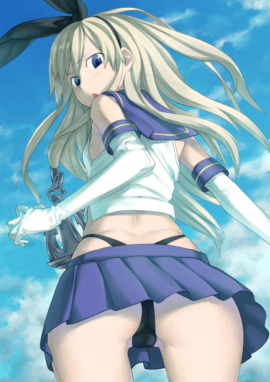 anchor ass bare_shoulders black_panties blonde_hair blue_eyes blush cloud day elbow_gloves from_behind from_below frown gloves hair_ornament hair_ribbon harmaline highres kantai_collection long_hair looking_at_viewer looking_back open_mouth panties ribbon sailor_collar shimakaze_(kantai_collection) skirt sky solo underwear upskirt white_gloves
