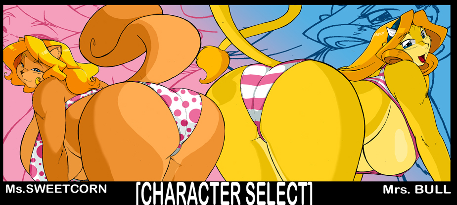 big_breasts blonde_hair bovine breasts butt cattle chubby clothed clothing duo female fur hair horn huge_breasts looking_at_viewer looking_back mammal mrs_bull orange_hair overweight panties rodent shonuff skimpy squirrel sweetcorn under_boob underwear yellow_fur
