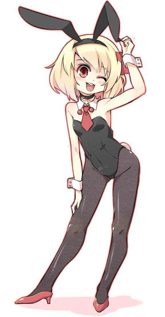 ;d animal_ears bare_shoulders black_legwear blonde_hair blush bunny_ears bunny_girl bunny_tail bunnysuit detached_collar hair_ribbon high_heels looking_at_viewer necktie one_eye_closed open_mouth pantyhose red_eyes ribbon rumia shamo_(koumakantv) short_hair simple_background smile solo tail touhou white_background wrist_cuffs