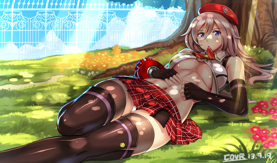 alisa_ilinichina_amiella bare_shoulders blue_eyes blush boots breasts checkered checkered_skirt cov-r dappled_sunlight elbow_gloves fingerless_gloves gloves god_eater god_eater_2:_rage_burst hat large_breasts miniskirt mouth_hold navel panties skirt solo sunlight thigh_boots thighhighs underboob underwear