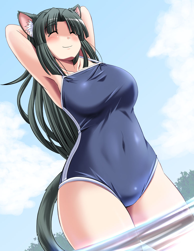 animal_ears armpits arms_up black_hair breasts cat_ears cat_tail closed_eyes cloud competition_school_swimsuit covered_navel cowboy_shot day from_below green_hair large_breasts long_hair milk_(tonpuu) one-piece_swimsuit original school_swimsuit smile solo stretch swimsuit tail thick_thighs thighs tonpuu water