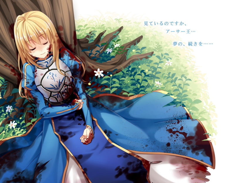 ahoge armor armored_dress artoria_pendragon_(all) bad_id bad_pixiv_id blonde_hair blood blood_on_face bloody_clothes closed_eyes dress fate/stay_night fate_(series) hair_down hair_ribbon long_hair ribbon saber sleeping smile solo translated tree