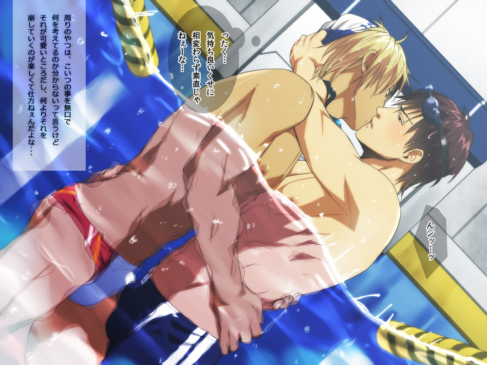 2boys abs black_eyes blonde_hair blush brown_hair bulge cuddling dutch_angle erection frottage goggles grinding hand_on_back hug izumi_nekotsuki kiss looking_at_another male male_focus motion_blur multiple_boys muscle nipples original pecs pool shirtless speedo sweat swim_briefs swim_cap swimming_cap swimsuit tan text thought_bubble topless translation_request underwater_sex wasukoro water yaoi