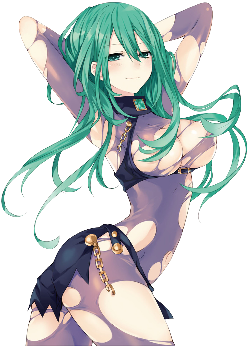 armpits arms_up ass blush bodysuit breasts chain cleavage contrapposto date_a_live gem green_eyes green_hair large_breasts long_hair natsumi_(date_a_live) novel_illustration smile solo standing torn_bodysuit torn_clothes transparent_background tsunako twisted_torso