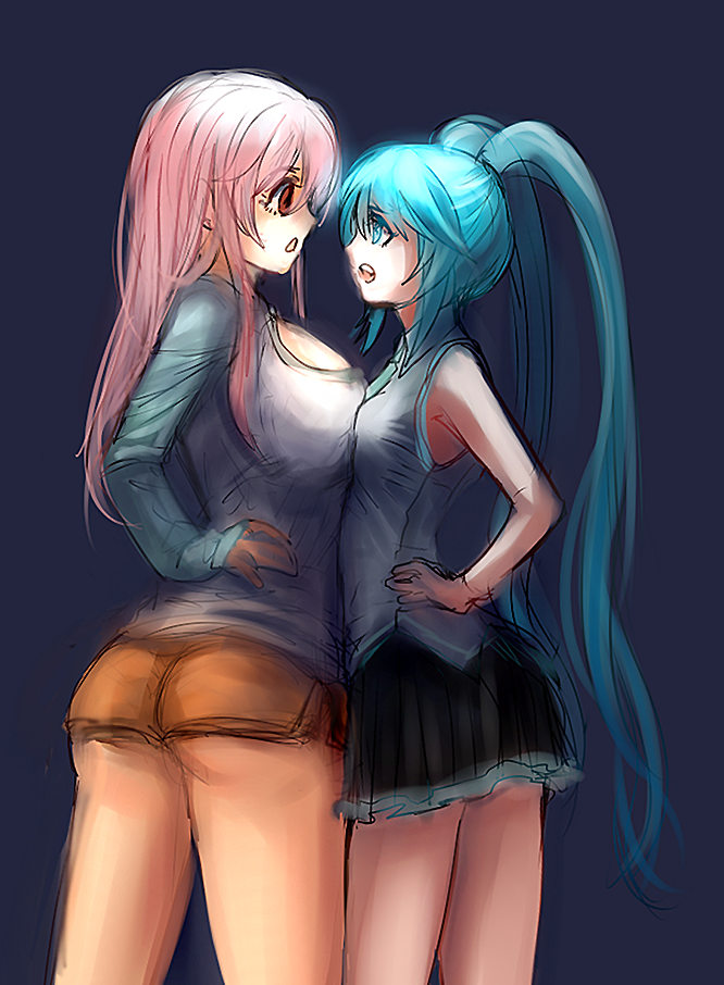 aqua_eyes aqua_hair ass asymmetrical_docking breast_contest breast_press breasts drawfag eye_contact face-to-face hatsune_miku huge_breasts long_hair looking_at_another megurine_luka multiple_girls pink_eyes pink_hair raglan_sleeves short_shorts shorts skirt small_breasts twintails vocaloid