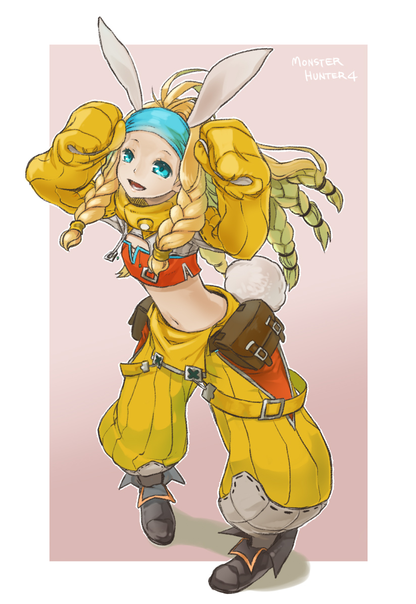 animal_ears ankle_boots antenna_hair baggy_pants belt_pouch blonde_hair blue_eyes boots braid bunny_ears bunny_tail crafting_shop_daughter_(monster_hunter) detached_sleeves flat_chest headband long_hair midriff monster_hunter monster_hunter_4 navel nokuran pants pigeon-toed pouch smile solo strapless suspenders tail tubetop twin_braids