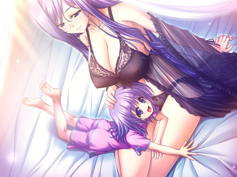 2girls age_difference blue_eyes bra breasts chinese_clothes game_cg koihime_musou kouchuu large_breasts lingerie milf mother_and_daughter multiple_girls panties peignoir purple_hair riri underwear