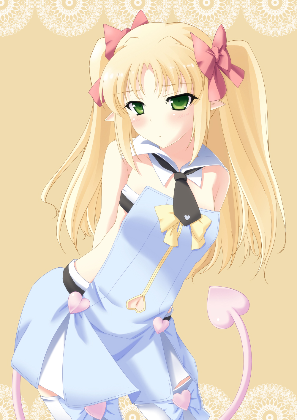 :o arms_behind_back astarotte_ygvar blonde_hair blush bow colorized demon_tail detached_collar green_eyes hair_bow heart highres hoshino_sora long_hair lotte_no_omocha! navel_cutout necktie pointy_ears sidelocks simple_background solo tail thighhighs tsukishiro_kou twintails white_legwear