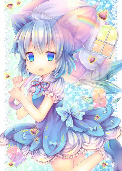 :o aqua_eyes bad_id bad_pixiv_id bloomers blue_eyes blue_hair cirno gradient_eyes hair_ribbon ice ice_wings multicolored multicolored_eyes pjrmhm_coa ribbon short_hair solo touhou umbrella underwear wings