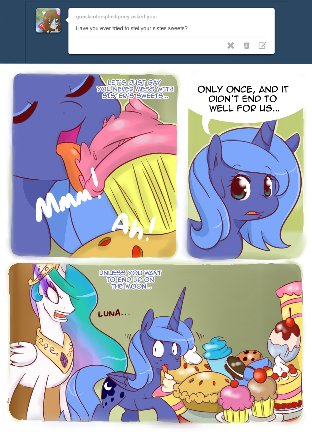 cake comic cute eating english_text equine female feral food friendship_is_magic horn horse loopend mammal my_little_pony pie pony princess_celestia_(mlp) princess_luna_(mlp) smile sweets text tumblr winged_unicorn wings