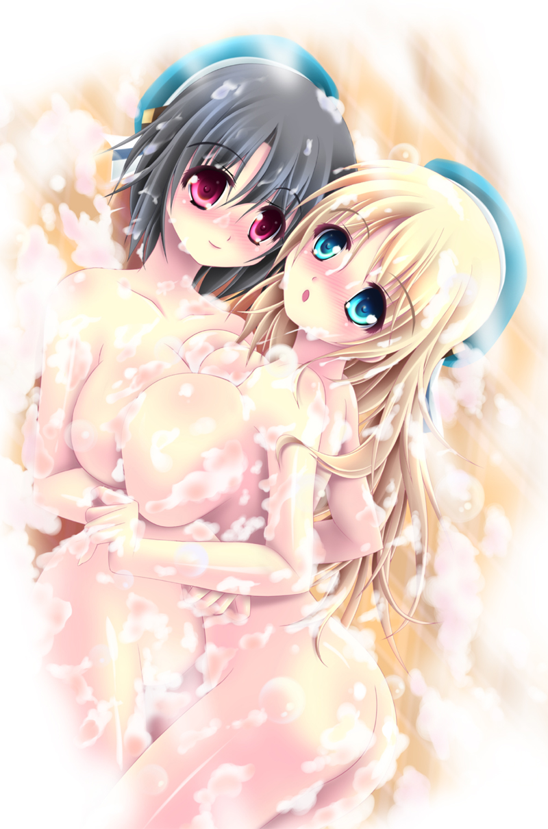 :o atago_(kantai_collection) bathing black_hair blonde_hair blush breasts green_eyes hat highres kantai_collection large_breasts long_hair looking_at_viewer multiple_girls nude open_mouth red_eyes short_hair skf smile soap soap_bubbles takao_(kantai_collection)