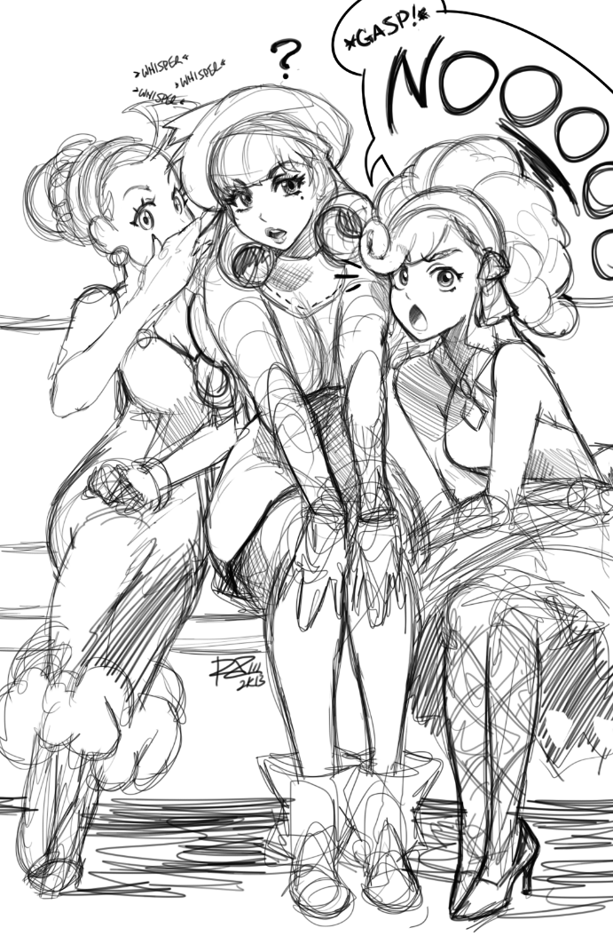 ? ahoge ankle_boots bliss_barson boots cryamore curly_hair deseret_amoir greyscale lips long_hair mole monochrome multiple_girls robert_porter sketch sorbet_la_carelle v_arms whispering