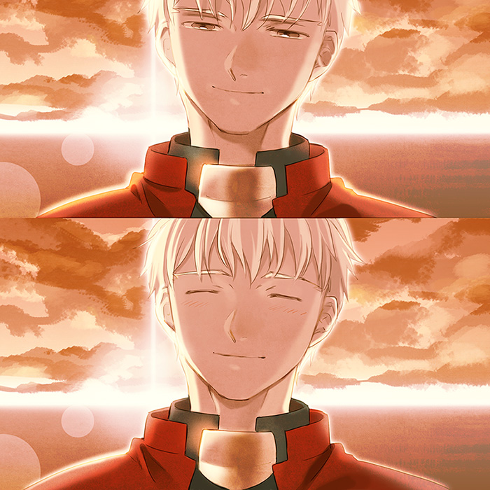 2koma archer bad_id bad_pixiv_id comic fate/stay_night fate_(series) male_focus smile solo sunset taa_(acid) white_hair